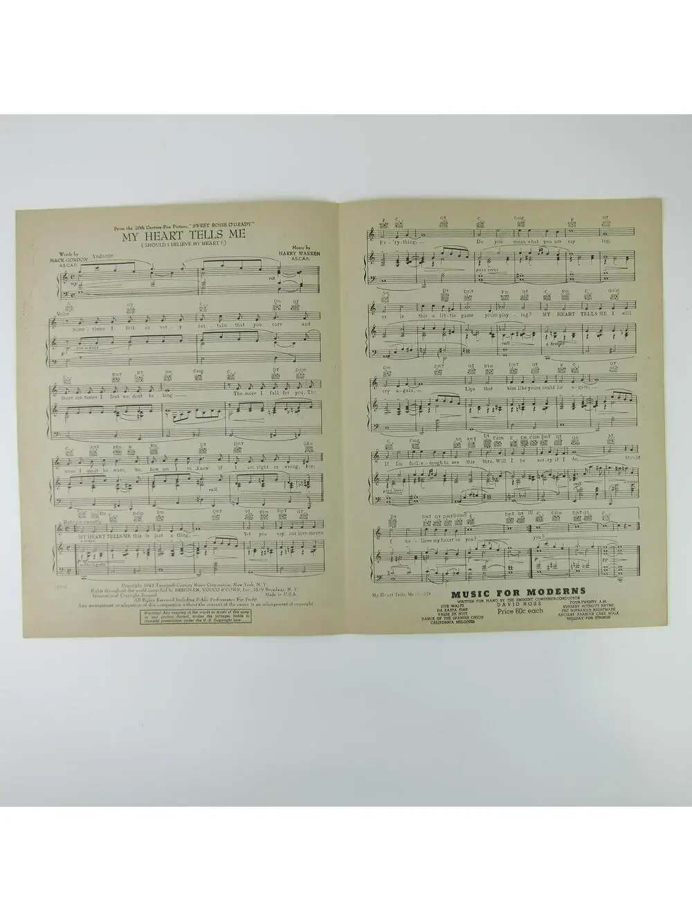 Sheet Music My Heart Tells Me Sweet Rosie O'Grady Betty Grable Vintage 1943